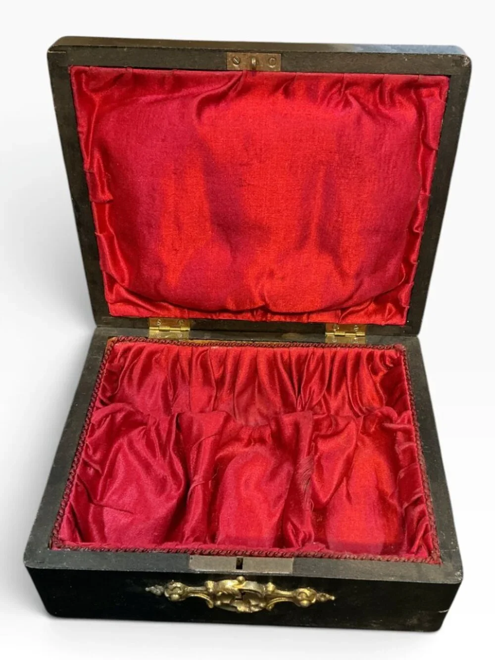Antique C1900 Jewelry Casket Box Black Wood Brass Ormolu Red Satin Interior